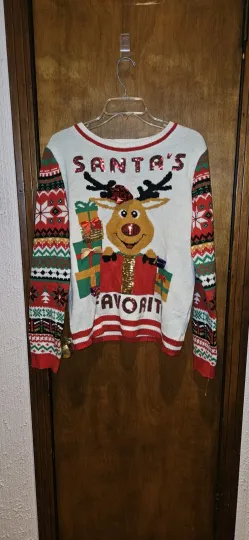 No Boundaries Juniors’ Christmas Sweater Ugly Reindeer/Rudolph Red Nose Size XL