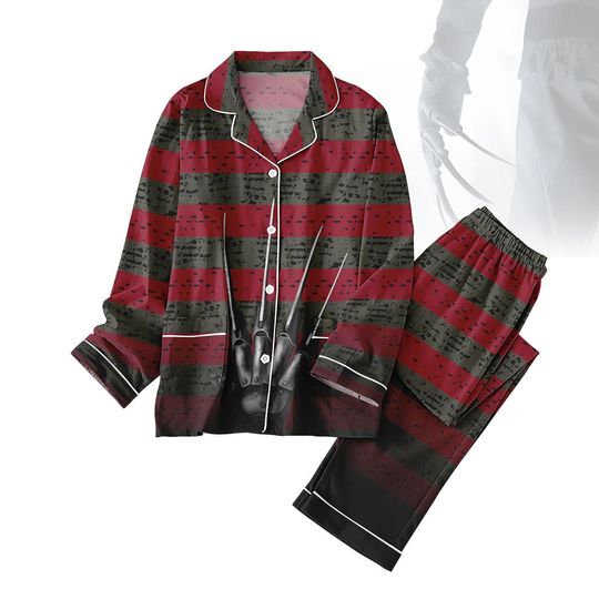 Freddy Krueger Costume Pajamas Set, Halloween Horror Pajama Set, Red Stripe Scary Sleepwear, Nightmare Killer PJ Set, Halloween Gift