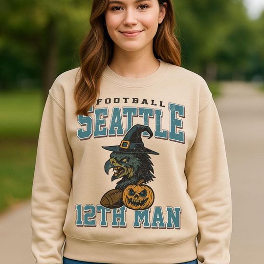 Vintage Seattle Spooky Sweatshirt, Nation Halloween Football Sweatshirt, Spooky Crow Pumpkin Sweatshirt, Fall Sports Fan Gift