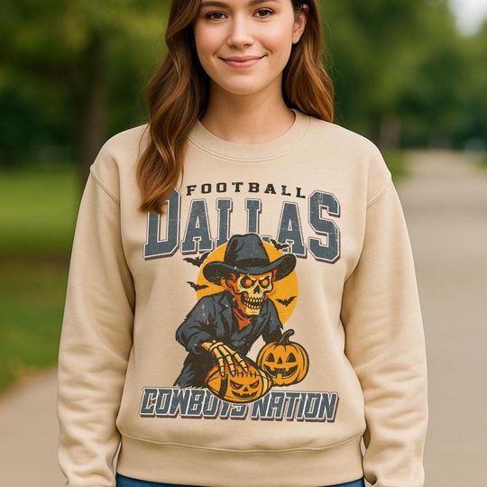 Discover Vintage Style Dallas Spooky Sweatshirt | Cowboys Nation Halloween Football Shirt | Spooky Crow Pumpkin Shirt | Fall Sports Fan Gift