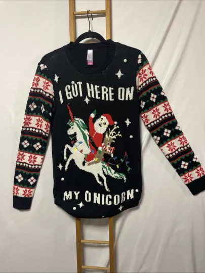 No Boundaries Ugly Christmas Sweater Womens Large Santa I Got Here On My Unicorn
