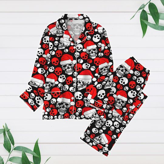 Christmas Skull Pajamas Set, Funny Skeleton Holiday Pajamas, Santa Skull Pattern Xmas Shirt, Pajamas For Party, Pj Set, Xmas Outfits