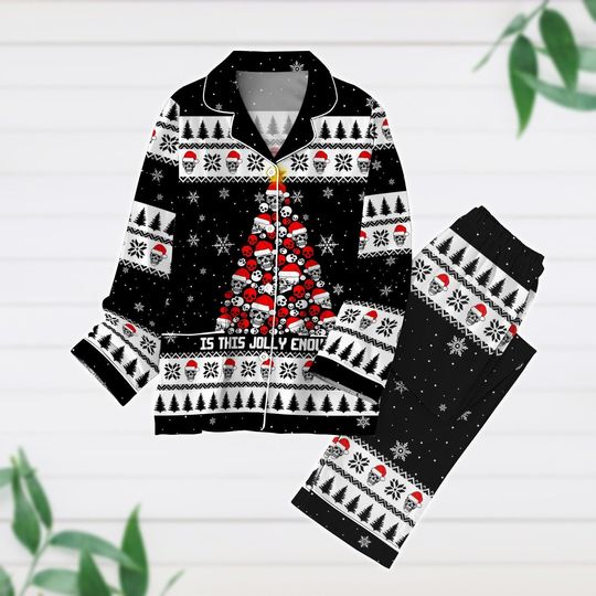 Skull Christmas Tree Pajamas Set, Skeleton Holiday Pajamas, Funny Skull Xmas Shirt, Winter Season Long Sleeve Pyjamas, Pj Set Pants