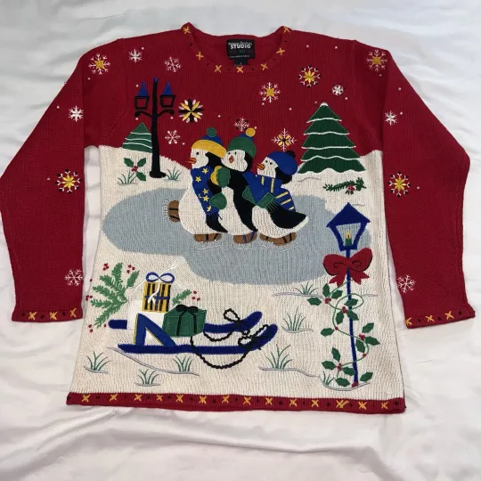 Discover Designers Originals Sweater Size S Red Skating Penguins Ugly Christmas Holiday