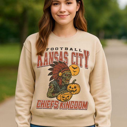 Discover Vintage Style Kansas Spooky Sweatshirt | Chiefs Kingdom Halloween Football Shirt | Spooky Crow Pumpkin Shirt | Fall Sports Fan Gift