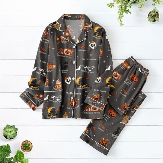 Tis The Season Black Cat Salem Pajamas Set, Spooky Halloween Cat PJs, Cute Black Cat Halloween Pajamas, Halloween Matching Pajamas