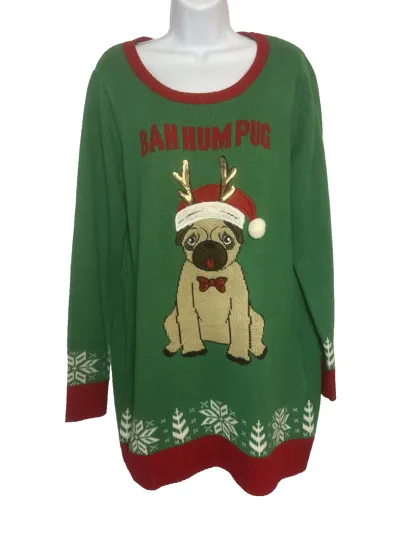 Ugly Christmas Sweater XL Bah Humpug PUG Puppy Dog Holiday Party Oversized