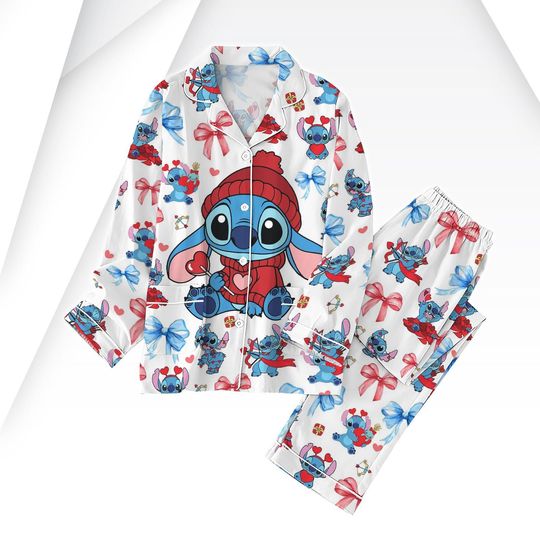 Discover Stitch Valentine Pajamas Set, Stitch Coquette Bow Holiday Pajamas, Disney Pajamas Family, Magic Kingdom Pajamas Matching, Valentine Gif