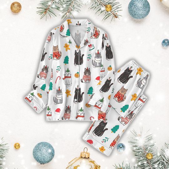 Cute Cat Christmas Pajamas Set, Cat Love Family Pajamas, Funny Pet Matching Pajamas Set, Christmas Pajamas For Party, Animal Pajamas