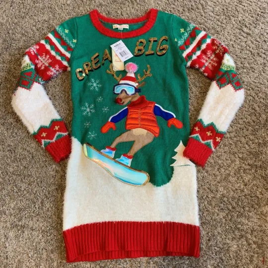 It's Our Time Dream Big Rudolph Ugly Christmas Sweater Junior's Small