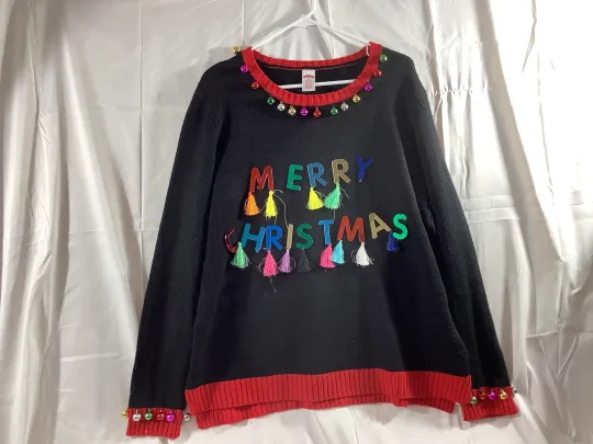 Discover Holiday Time Ugly Merry Christmas Sweater Womens XL Black  *A few Tassels Miss*