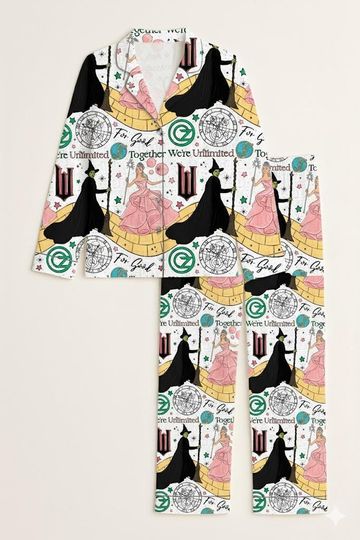 Wicked Musical Pajamas Set, Broadway Theater Sleepwear, Glinda & Elphaba Satin Loungewear, Wizard of Oz Inspired Long Sleeve PJs Gift