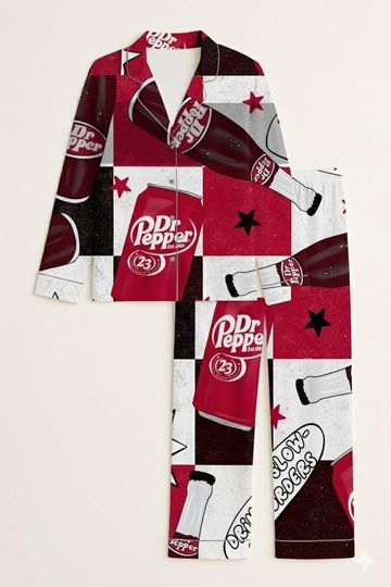 Dr Pepper Satin Pajamas Set, Retro Soda Print Pajamas, Dr Pepper Lover Sleepwear, Vintage Soda Coquette Pajama Set, Unisex Loungewear PSJ700