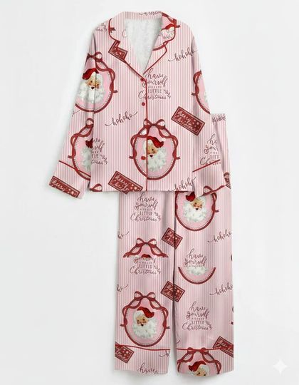 Pink Christmas Pajamas Set, Retro Santa Print Women's Long Sleeve PJs, Vintage Holiday Sleepwear, Gift for Her, Christmas Gift