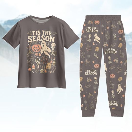 Tis The Season Halloween Tshirt And Pants, Skeleton Pumpkin Matching Pajamas, Cute Ghost Pumpkin Pajamas Family, Ghost Pumpkin Pajamas