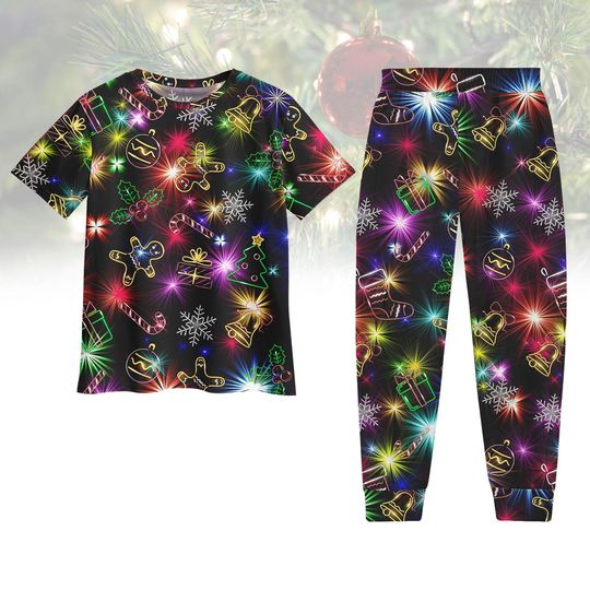 Neon Christmas Light Pajamas, Neon Tshirt Pants Set, Holiday Glow Sleepwear, Xmas PJs for Adults, Christmas Pjs Gift, Gift For Her