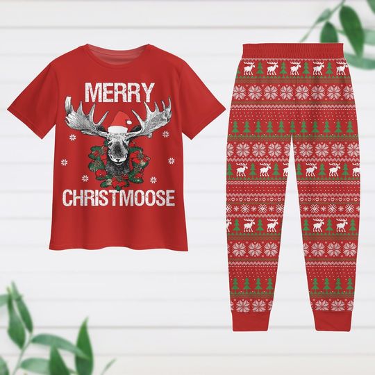 Discover Merry Christmoose Pajamas Set, Moose With Santa Hat Tshirt And Pajamas Pants, Funny Christmas Pajamas, Holiday Pj Set, Xmas Party Gift