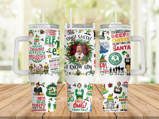 40 oz Christmas Tumbler with Handle, Funny Holiday Movie Design, Santa "OMG I Know Him" Travel Mug