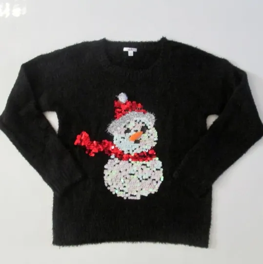 Kela Womens Black Christmas Sweater Sequin Snowman Size M
