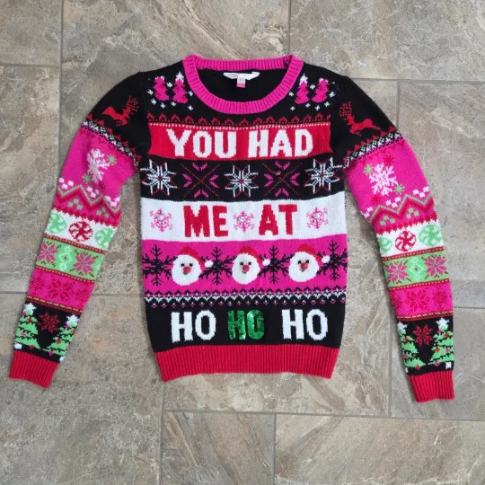 No Boundaries XS Ugly Christmas Sweater Pink You Had Me At Ho Ho Ho