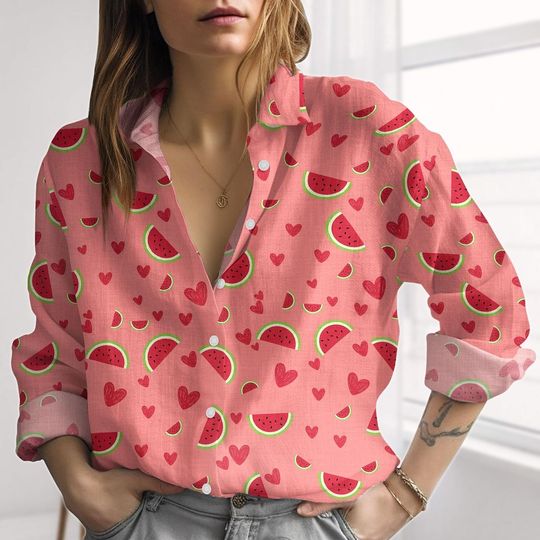 Watermelon Linen-Look Shirt, Fruit Casual Shirt, Fruit Women Shirt, Spring Blouse Shirt, Melon Shirt For Summer