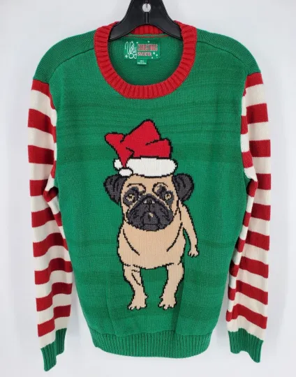 Ugly Christmas Sweater Womens Small Pug Dog Santa Hat Green Red Stripe Sleeves