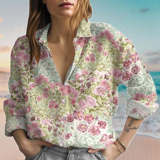 Discover Pastel Floral Women Shirt, Rose Garden Blouse, Vintage Flower Shirt, Romantic Summer Shirt, Cottagecore Linen-Look Shirt, Gift For Her