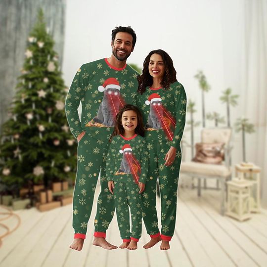 Pizza Cat Family Pajamas Set, Funny Cat With Laser Eyes Shirt, Santa Hat Cat Matching Pajamas, Merry Catmas Holiday Pjs,Xmas Party Gift