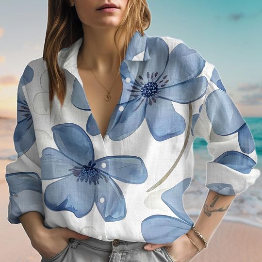 Bold Blue Floral Blouse Shirt For Women, Flower Button Shirt, Lightweight Casual Vacation, Linen-Look Shirt, Summer Gift For Her