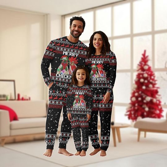 Christmas Chicken Family Pajamas Set, Merry Chickmas Holiday Pajamas, Funny Rooster Xmas Pjs, Farmer Christmas Lights Matching Pajamas