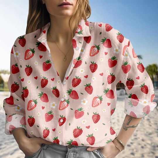 Strawberry Blouse Shirt, Adorable Fruit Women Shirt, Kawaii Summer Shirt, Casual Button Linen-Look Shirt, Gift For Her