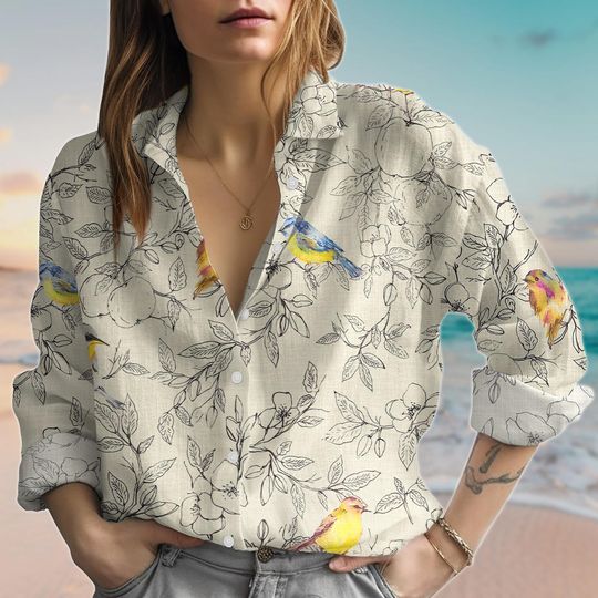 Discover Birds And Flowers Linen-Look Shirt, Botanical Blouse Tops Women, Nature Love Casual Shirt, Gardening Blouse Shirt, Summer Gift for Her