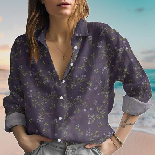 Discover Boho Flowers Linen-Look Shirt, Retro Floral Flowers Blouse Shirt, Nature Casual Summer Shirt, Cottagecore Women Shirt, Gift For Her