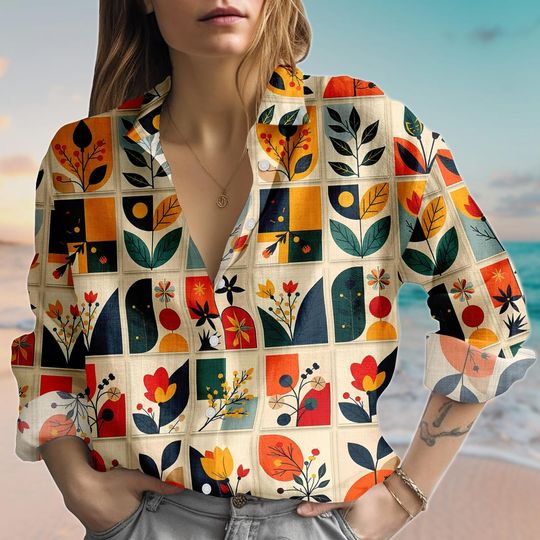Discover Retro Floral Blouse Shirt, Botanical Geometric Linen-Look Shirt, Gift For Her