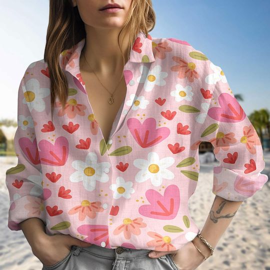 Discover Pink Floral Blouse Shirt For Women, Colorful Summer Blouse Button Up Shirt, Big Daisy Women Shirt, Cute Retro Beach Outfit Gift For Her