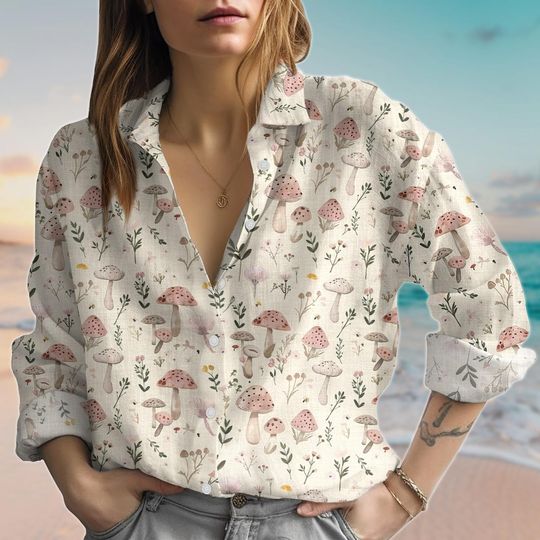 Vintage Mushroom Blouse Shirt, Goblincore Linen-Look Shirt, Mushroom Collector Casual Shirt, Nature Love Summer Shirt, Gift For Her
