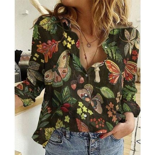 Vintage Mushroom Linen-Look Shirt, Butterflies Women Shirt, Wildflower Blouse Shirt, Mushroom Collector Button Up Shirt, Gift For Her
