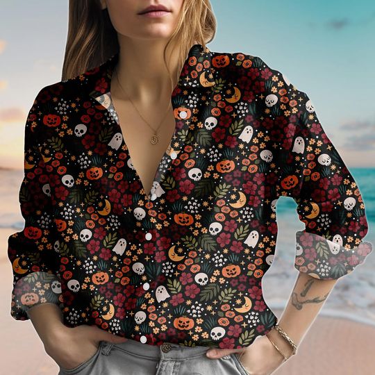 Discover Pumpkin Skull Linen-Look Shirt, Halloween Floral Shirt for Women, Cute Spooky Season Blouse Shirt, Witchy Button Shirt, Gift For Her