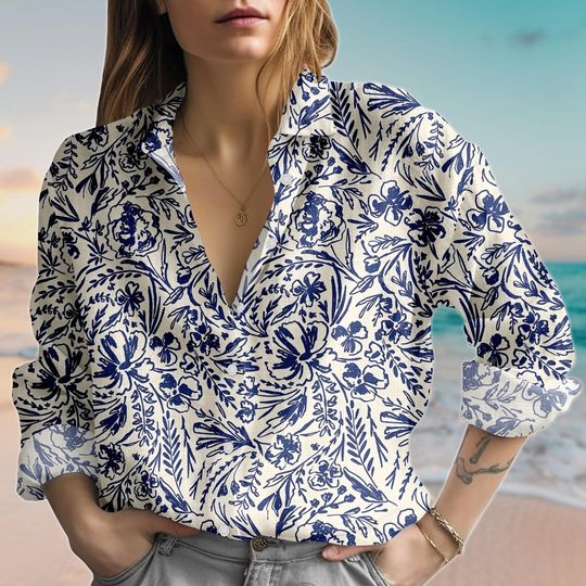 Retro Blouse Shirt, Vintage Botanical Women Shirt, Elegant Casual Shirt, Romantic Cottagecore Linen-Look Shirt, Birthday Gift For Her