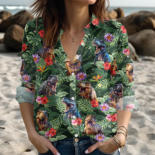 Discover Vintage Dinosaurs Blouse Shirt, T-Rex Casual Shirt, Funny Dinosaur Women Shirt, Floral Tropical Linen-Look Shirt, Dino Shirt For Her