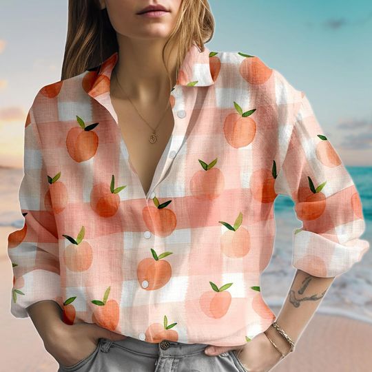 Peach Gingham Blouse Shirt, Fruits Women Shirt, Plaid Fruit Casual Shirt, Summer Cottagecore Aesthetic Shirt, Linen-Look Shirt