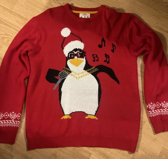 Discover V28 Red Acrylic Rapping Penguin Ugly Christmas Sweater Size XXL