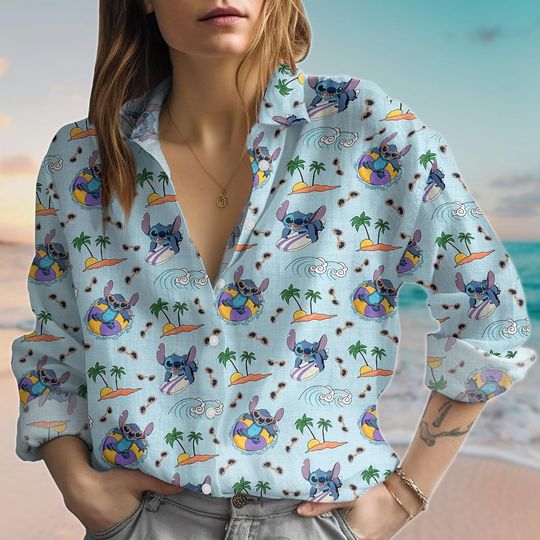 Discover Stitch Linen-Look Shirt, Disney Movie Women Shirt, Lilo And Stitch Shirt, Vacation Blouses Top Women, Summer Button Shirt, Gift For Her
