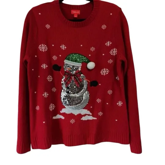 Discover Holiday Lane Sweater Womens Large Red Ugly Christmas Snowman Sequin Pom-Pom