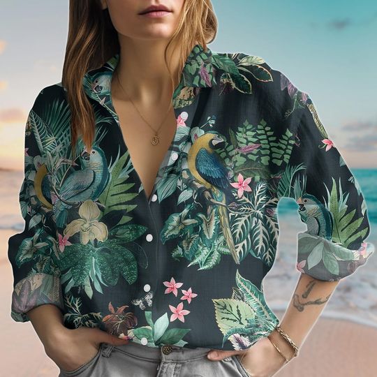 Discover Tropical Parrot Linen-Look Shirt, Botanical Women Blouse Shirt, Jungle Bird Print Casual Top, Vacation Summer Outfits, Button Up Shirt