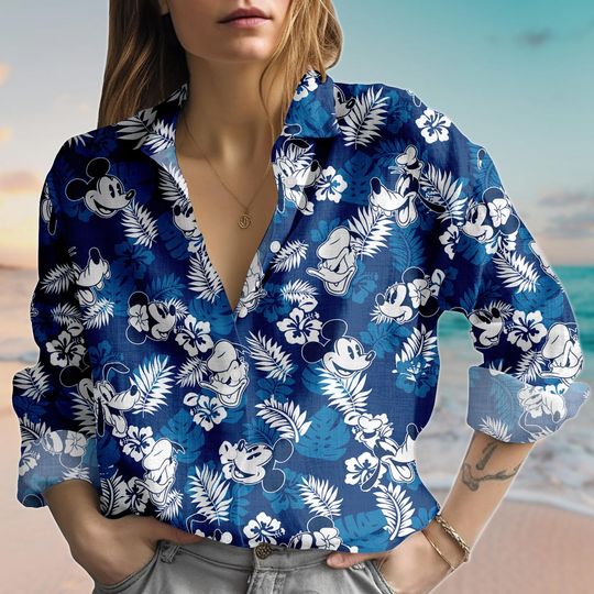Discover Mickey Flowers Linen-Look Shirt, Disney Floral Blouse Shirt, Mickey And Friends Shirts For Women, Disneyland Women Blouse, Summer Shirt