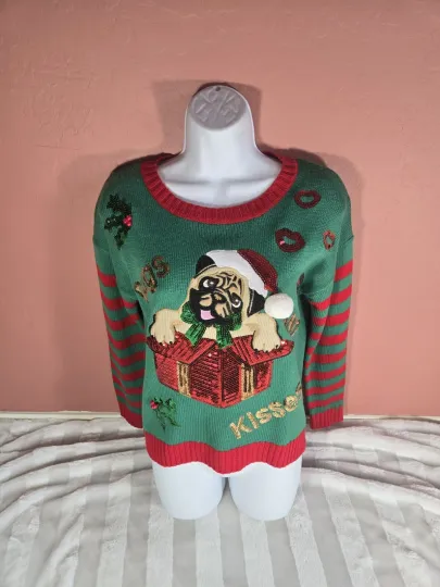 Discover Pugs And Kisses Dog Sequins Ugly Christmas Sweater Womens XS Hooked Up By IOT