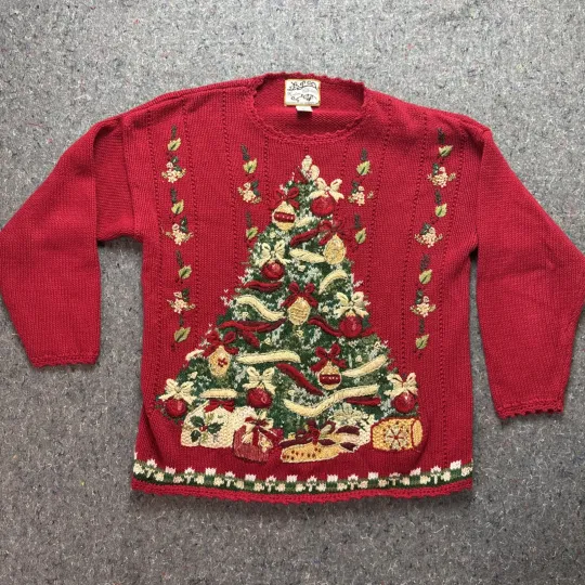 Vintage 90s Heirloom Collectibles Ugly Christmas Sweater Red Tree LARGE