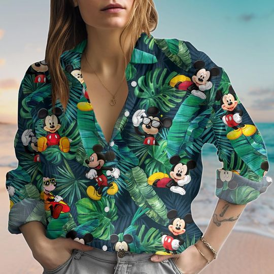 Discover Mickey Mouse Linen-Look Shirt, Disney Tropical Casual Shirt, Disneyland Blouses Tops Women, Cartoon Button Shirt, Summer Gift For Her