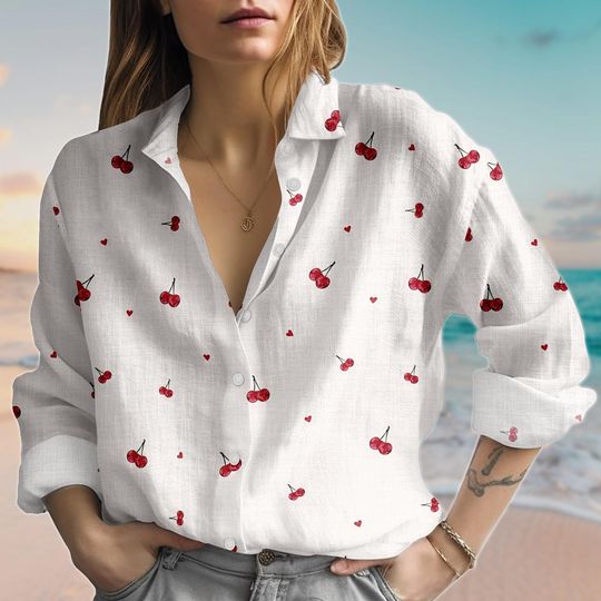 Cherry Blouse, Minimalist Fruit Women Shirt, Cute Summer Long Sleeve Shirt, Cottagecore Casual Shirt, Vacation Shirt, Gifts For Her